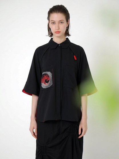 EMBROIDERED POCKETED JERSEY BLOUSE
