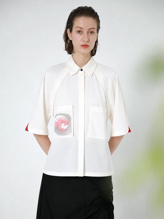 EMBROIDERED POCKETED JERSEY BLOUSE