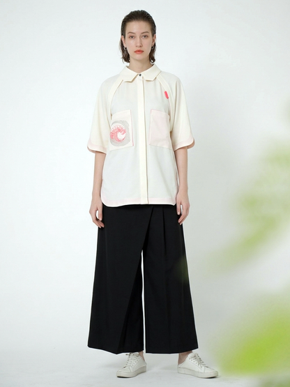 EMBROIDERED POCKETED JERSEY BLOUSE