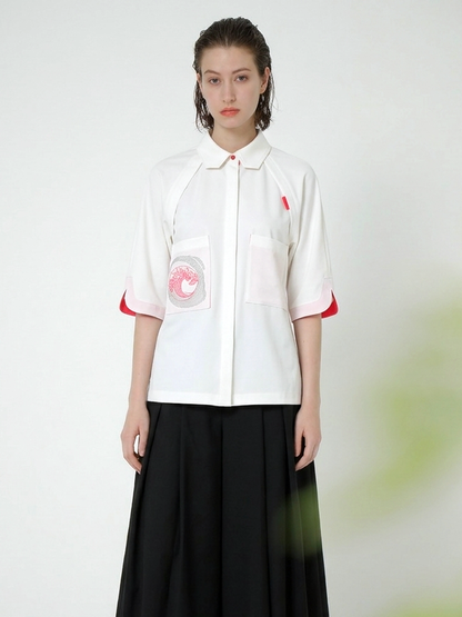EMBROIDERED POCKETED JERSEY BLOUSE