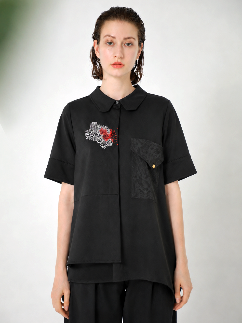 JACQUARD POCKETED JERSEY BLOUSE