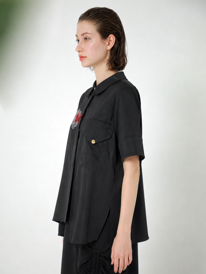 JACQUARD POCKETED JERSEY BLOUSE