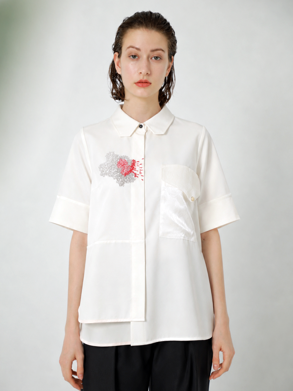 JACQUARD POCKETED JERSEY BLOUSE