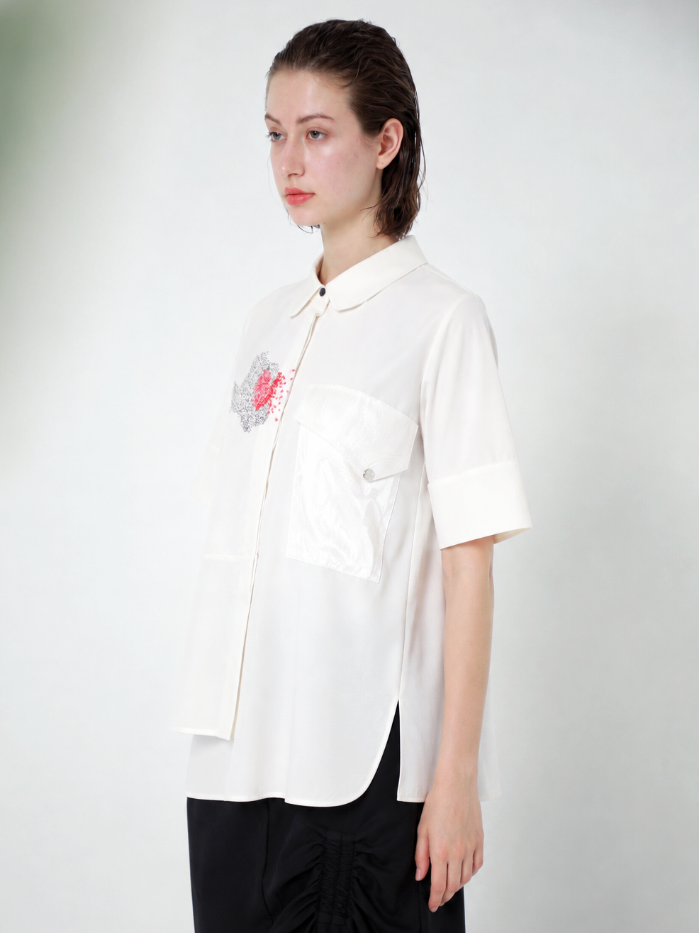 JACQUARD POCKETED JERSEY BLOUSE