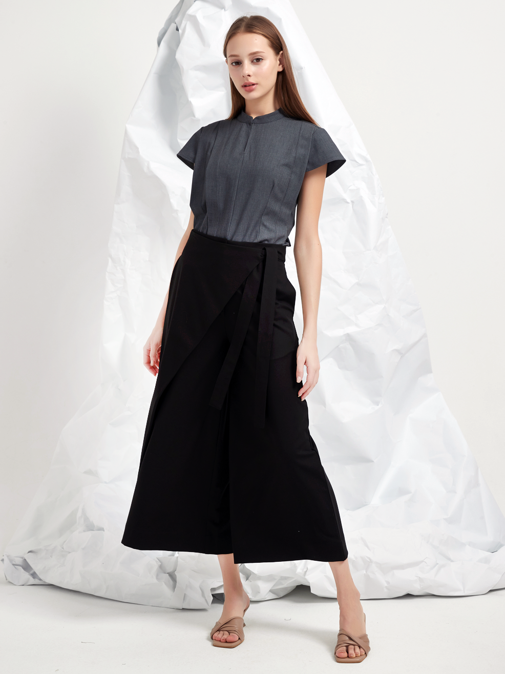 WOOL BLEND WRAP-FRONT TROUSERS