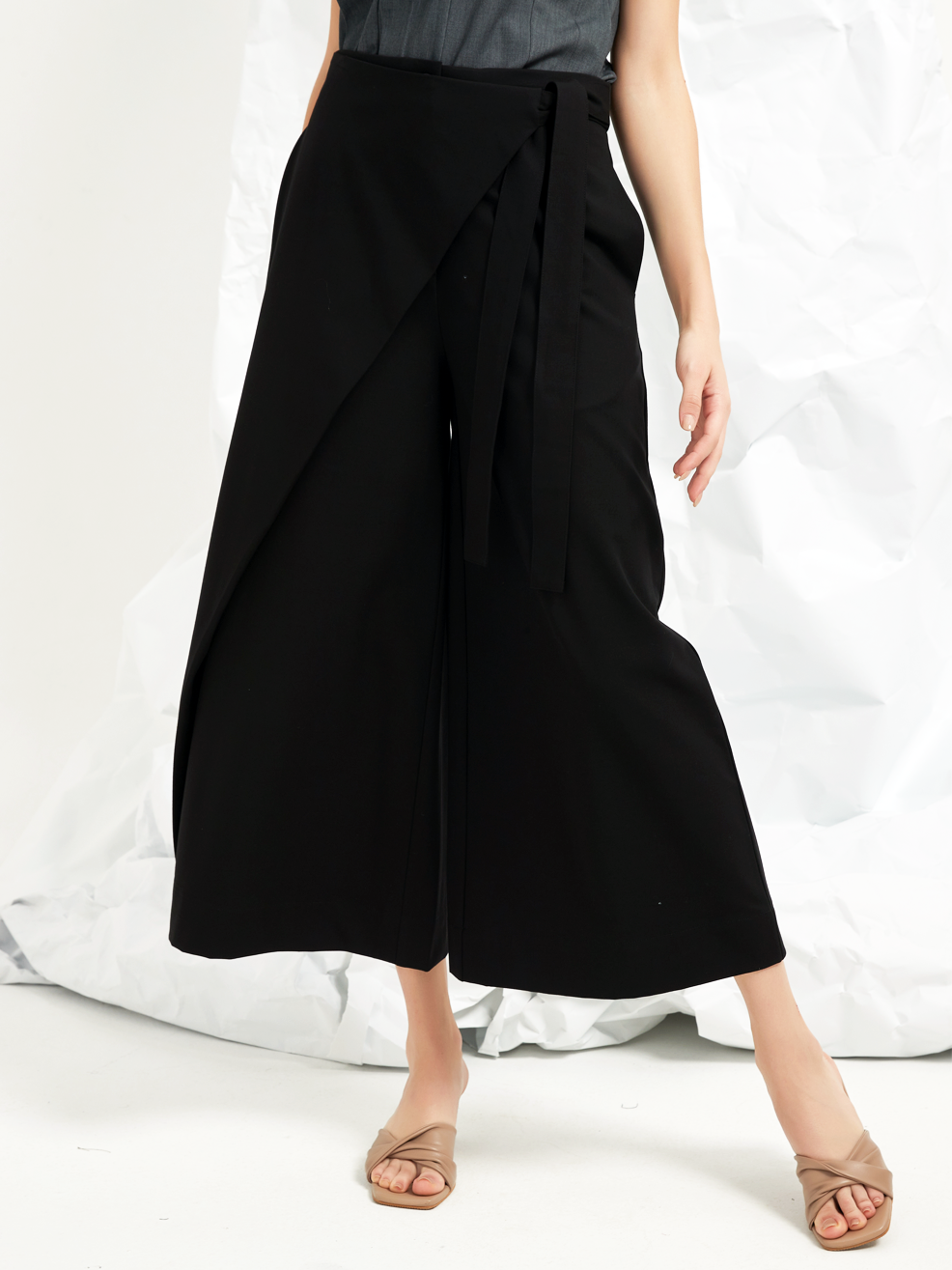 WOOL BLEND WRAP-FRONT TROUSERS