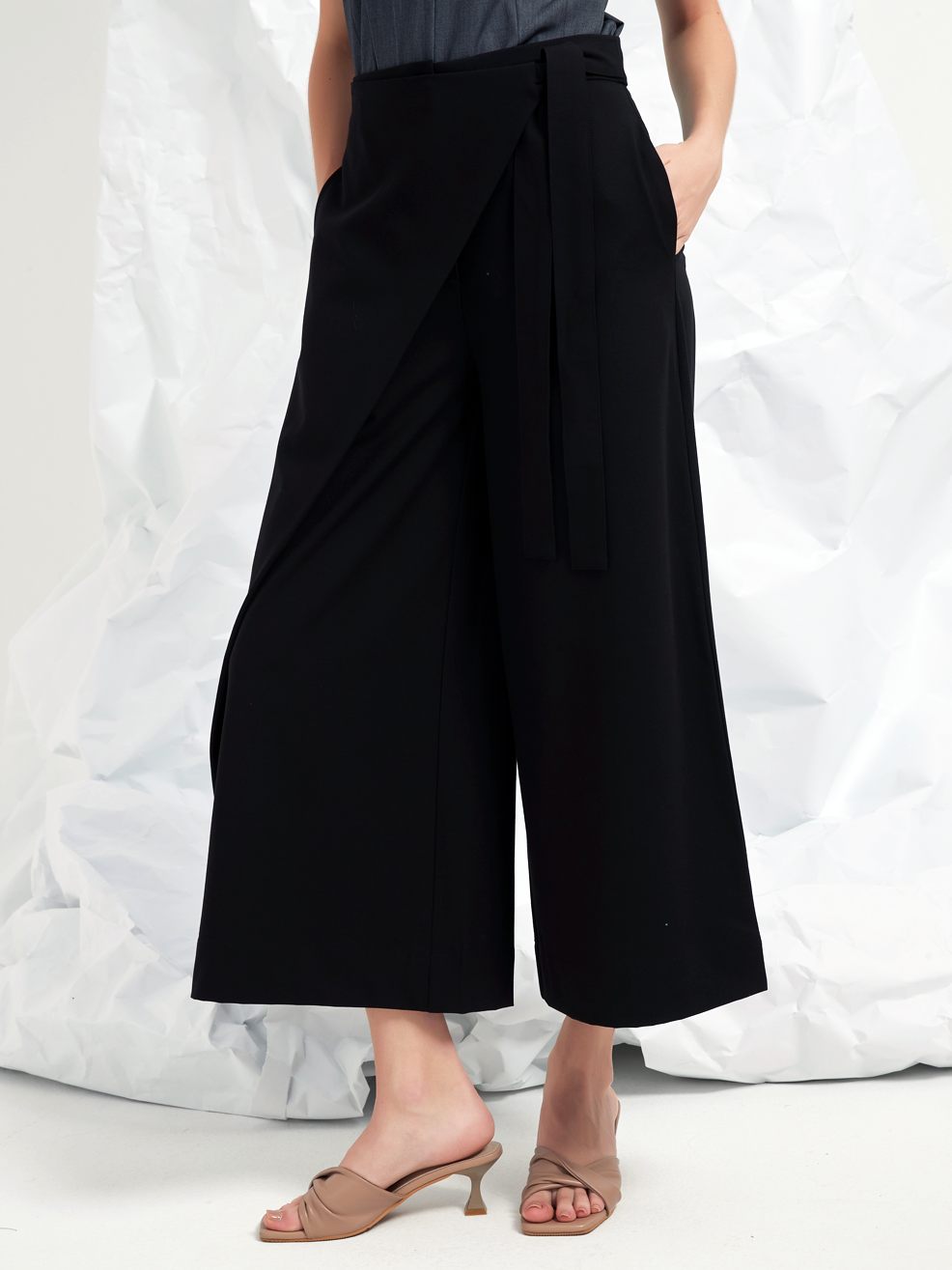 WOOL BLEND WRAP-FRONT TROUSERS