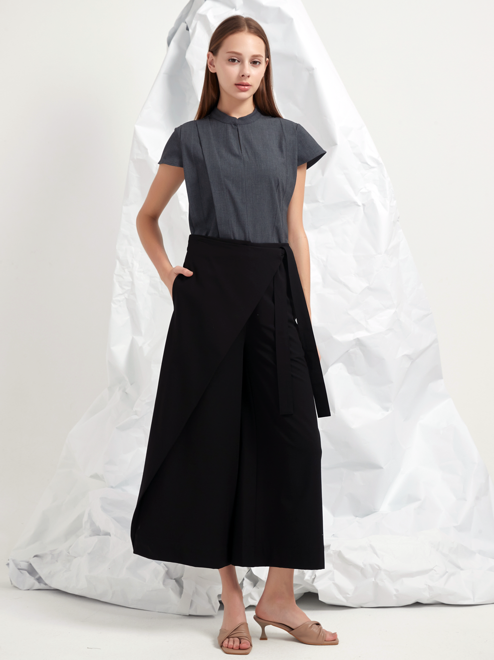 WOOL BLEND WRAP-FRONT TROUSERS