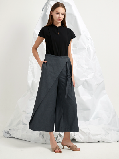 WOOL BLEND WRAP-FRONT TROUSERS