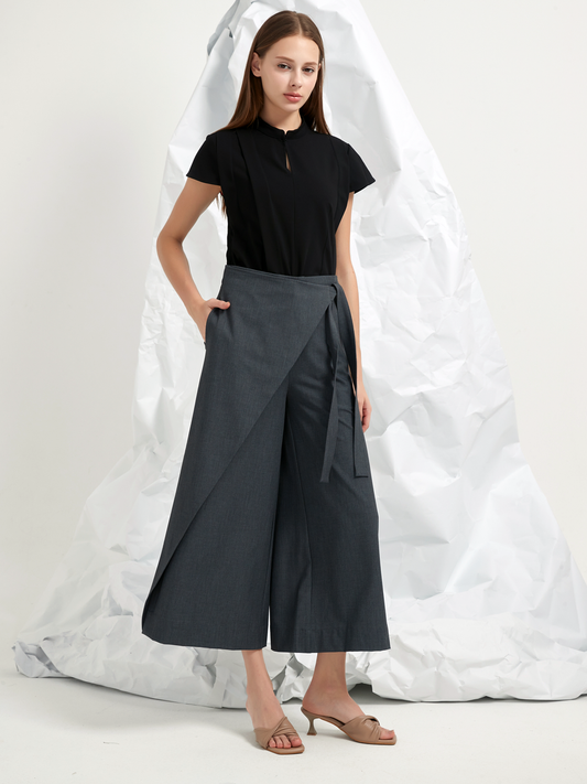 WOOL BLEND WRAP-FRONT TROUSERS