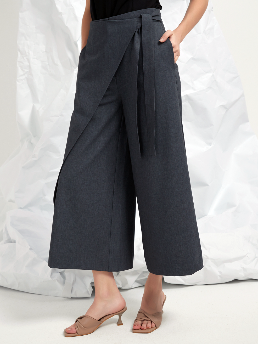 WOOL BLEND WRAP-FRONT TROUSERS