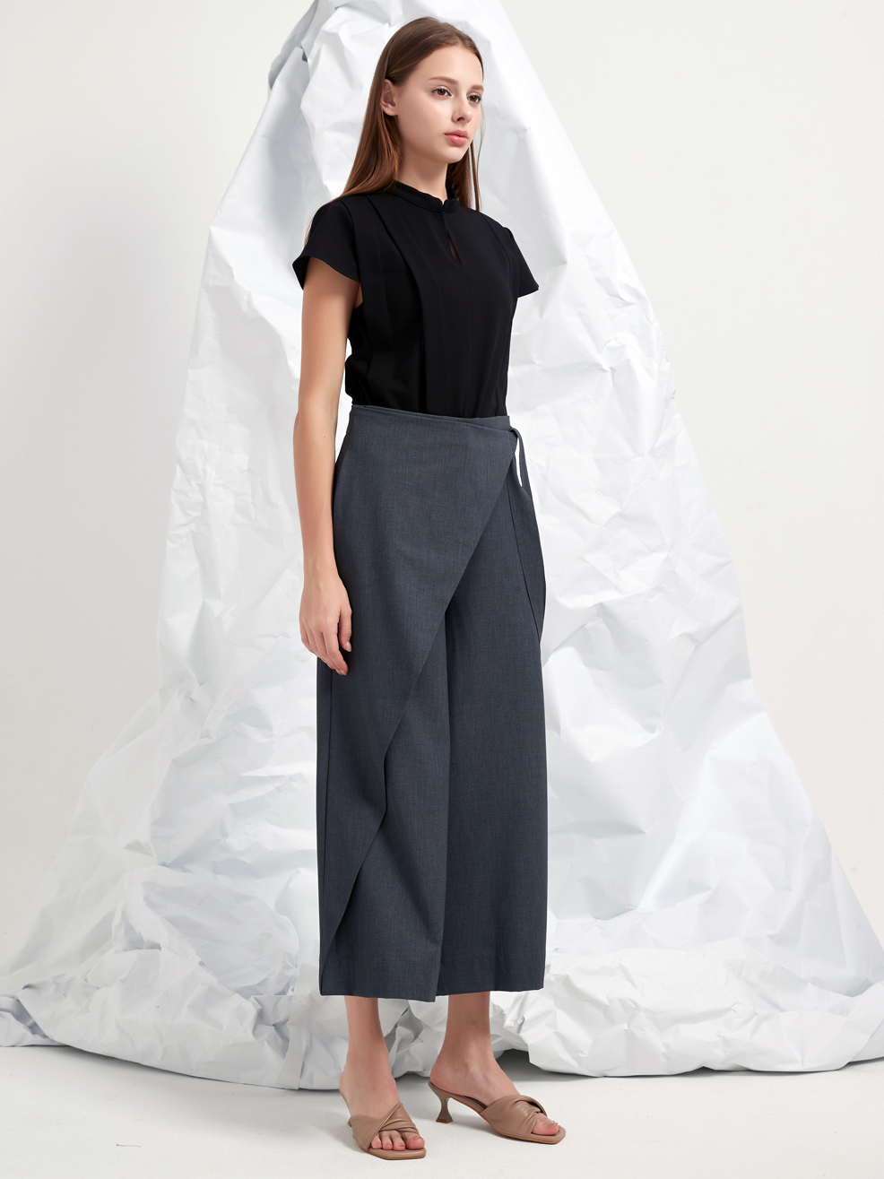 WOOL BLEND WRAP-FRONT TROUSERS