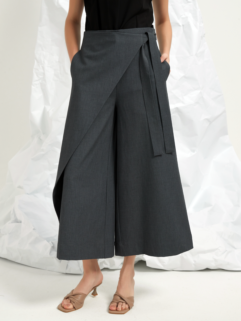 WOOL BLEND WRAP-FRONT TROUSERS