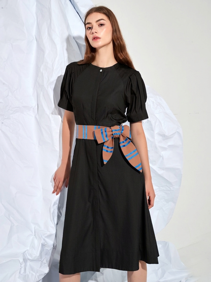 A-LINE STRIPED BELTED MIDI DRESS