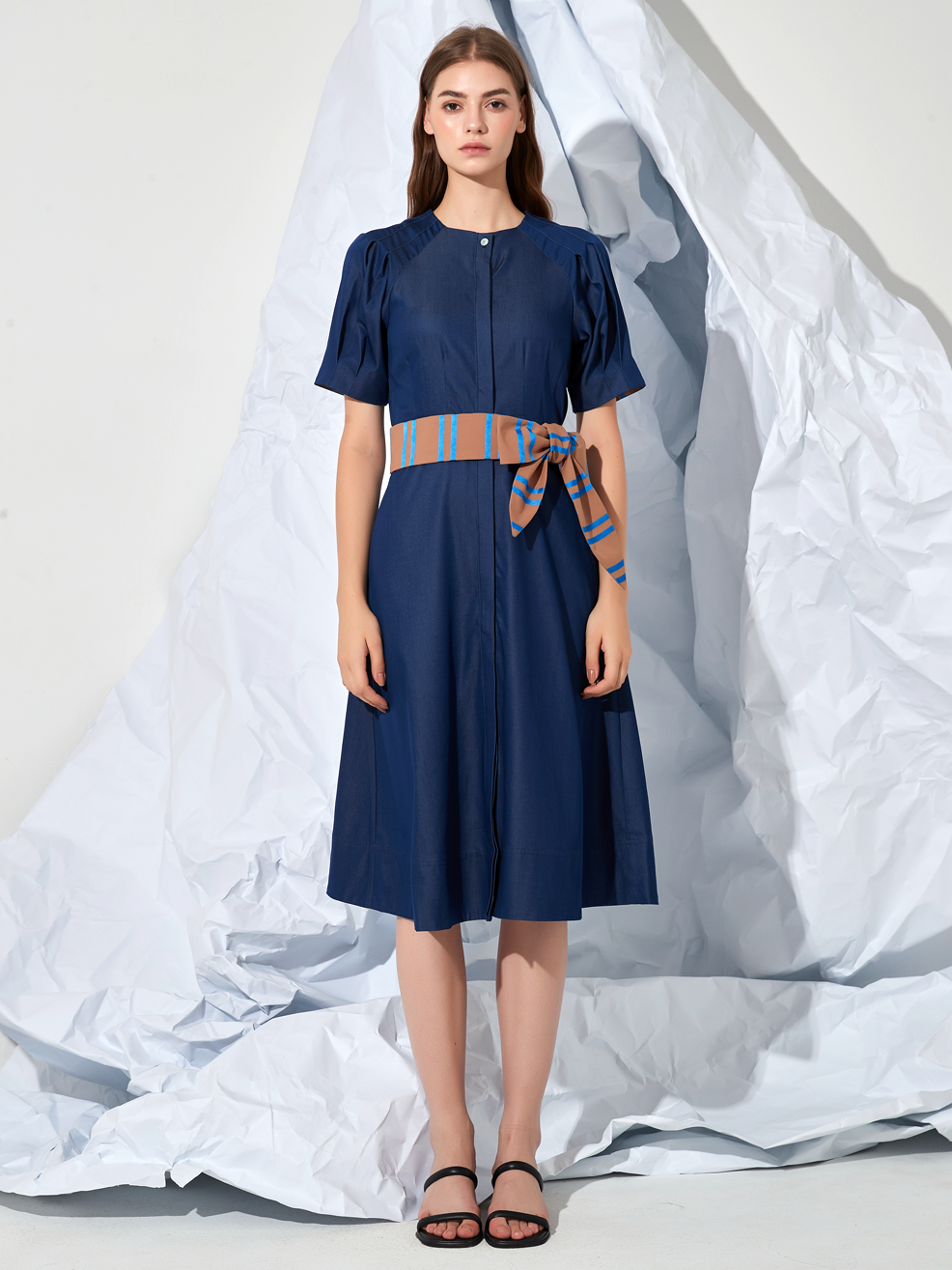 A-LINE STRIPED BELTED MIDI DRESS