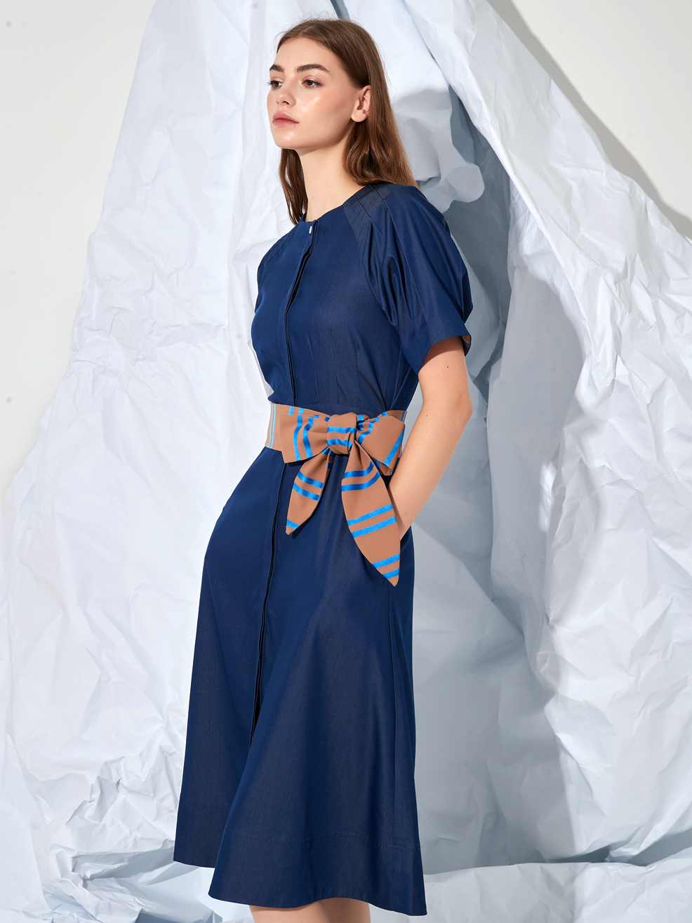 A-LINE STRIPED BELTED MIDI DRESS