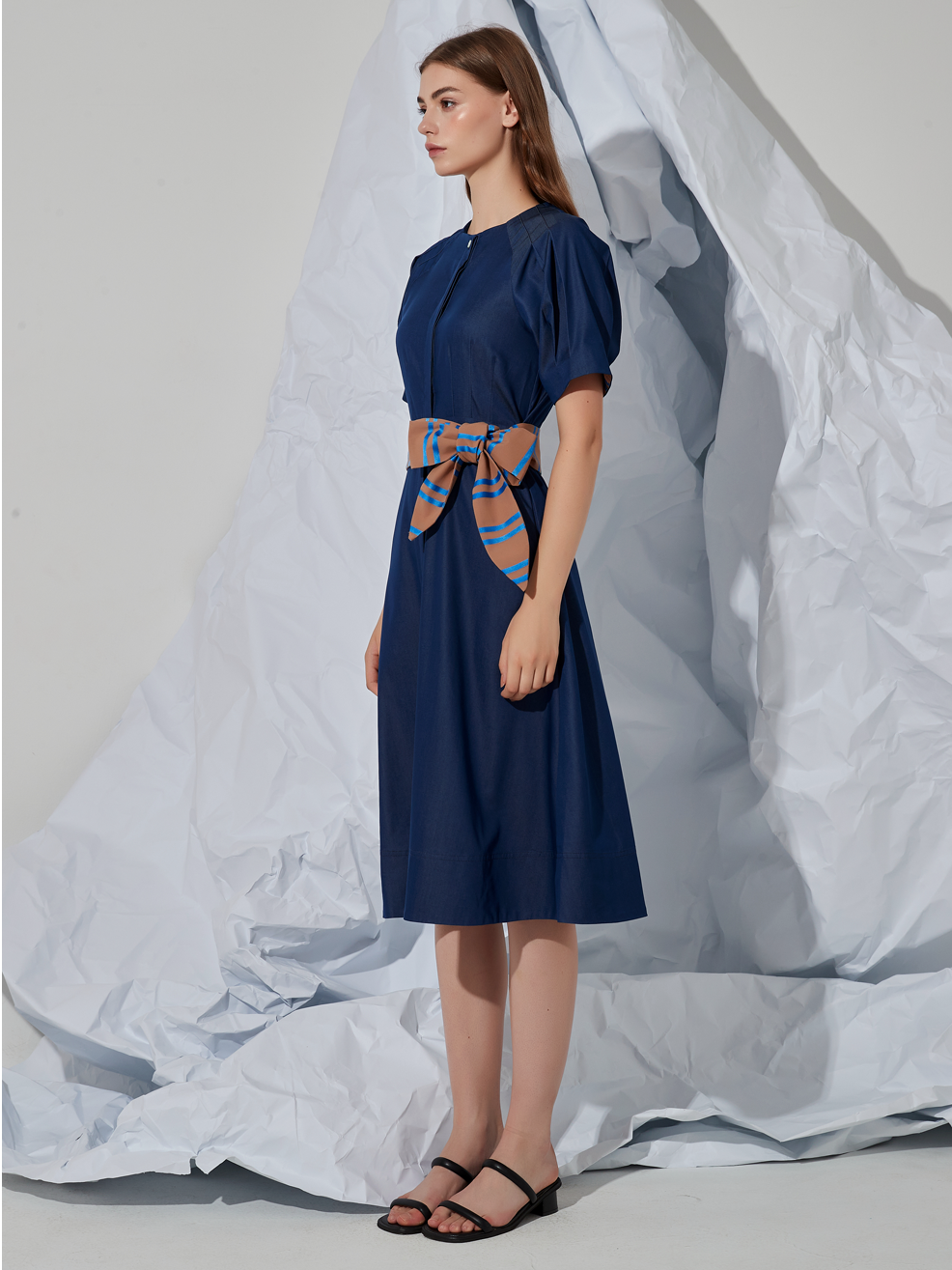 A-LINE STRIPED BELTED MIDI DRESS
