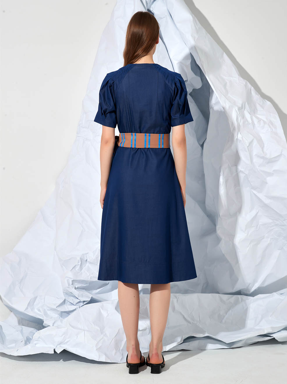 A-LINE STRIPED BELTED MIDI DRESS