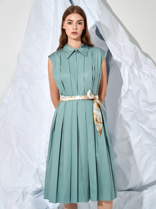 PLEATED BELTED MIDI DRESS