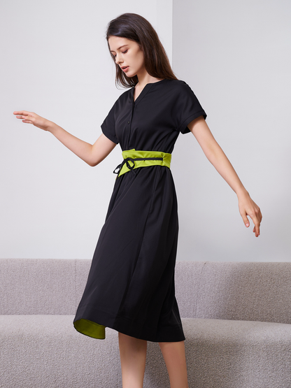 CONTRAST COLOR BELT MIDI DRESS