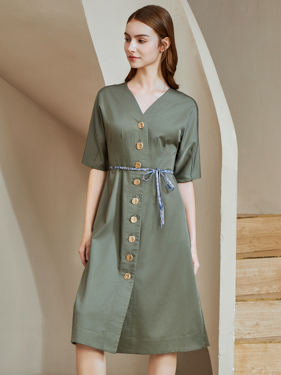 green emerald velvet dress GOLD BUTTONS MIDI DRESS