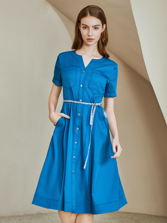 BELTED V-NECK DRESS