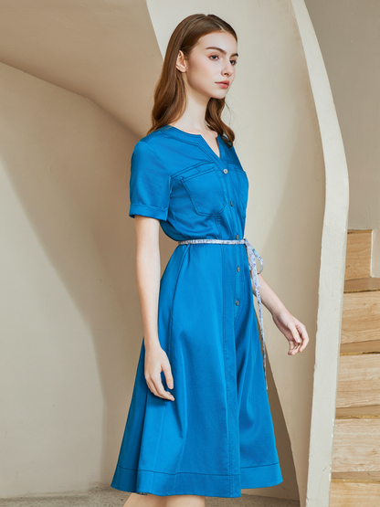 BELTED V-NECK DRESS