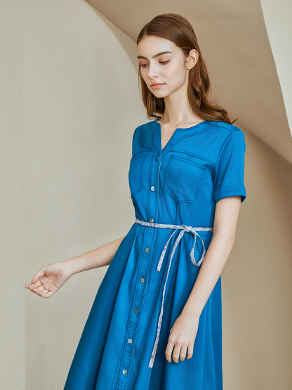 BELTED V-NECK DRESS