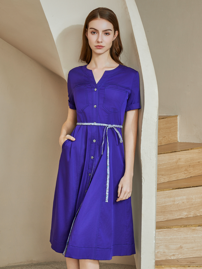 BELTED V-NECK DRESS