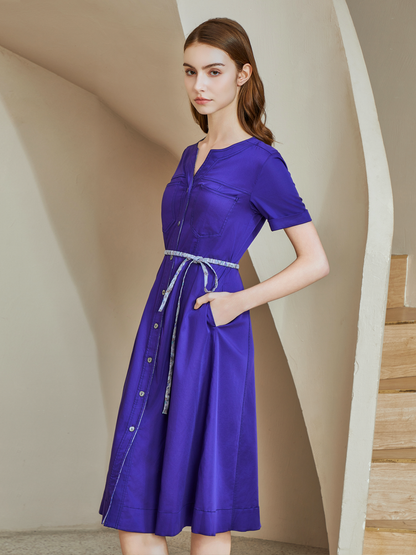 BELTED V-NECK DRESS