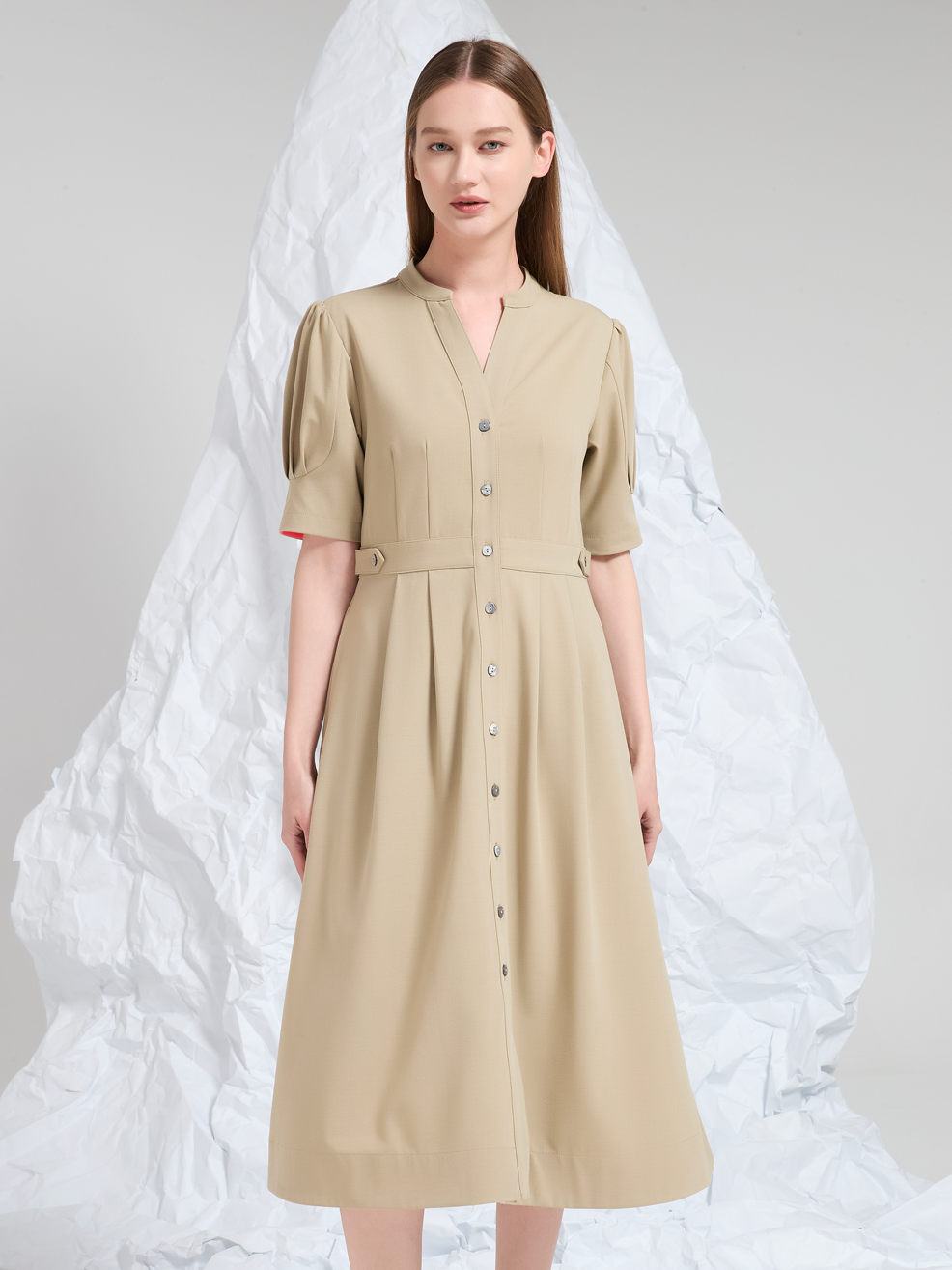 COLLARLESS MIDI DRESS