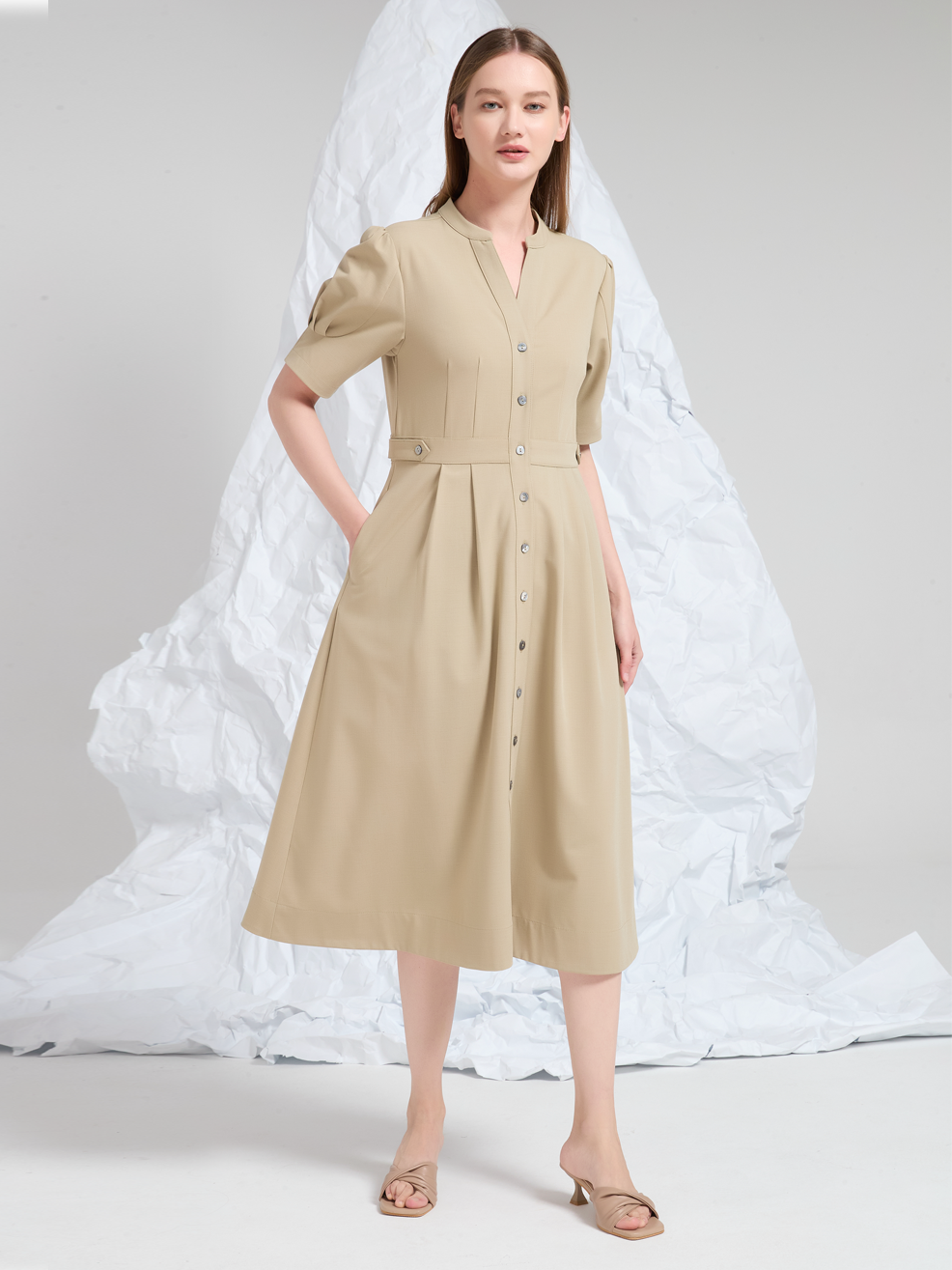 COLLARLESS MIDI DRESS