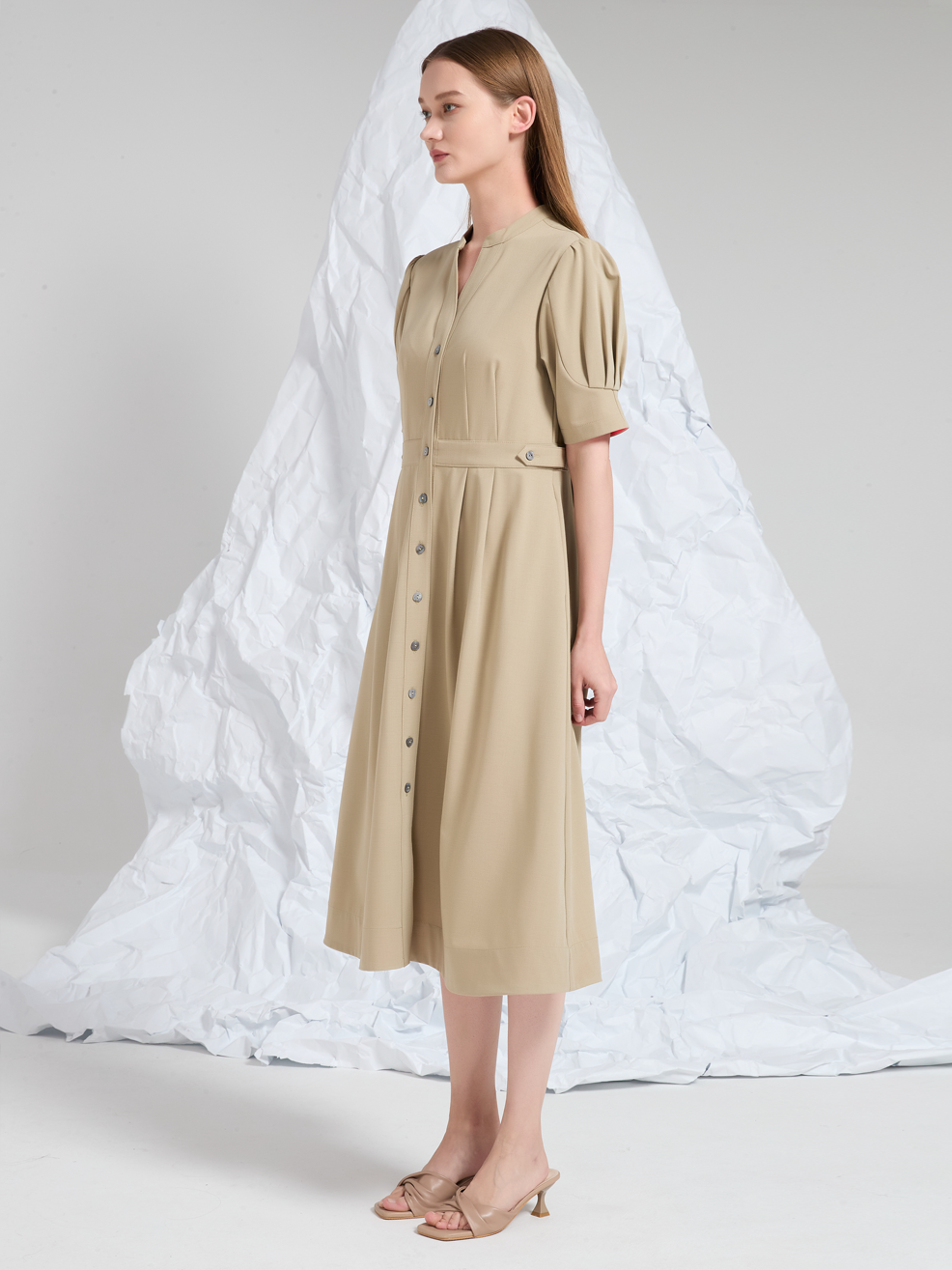 COLLARLESS MIDI DRESS