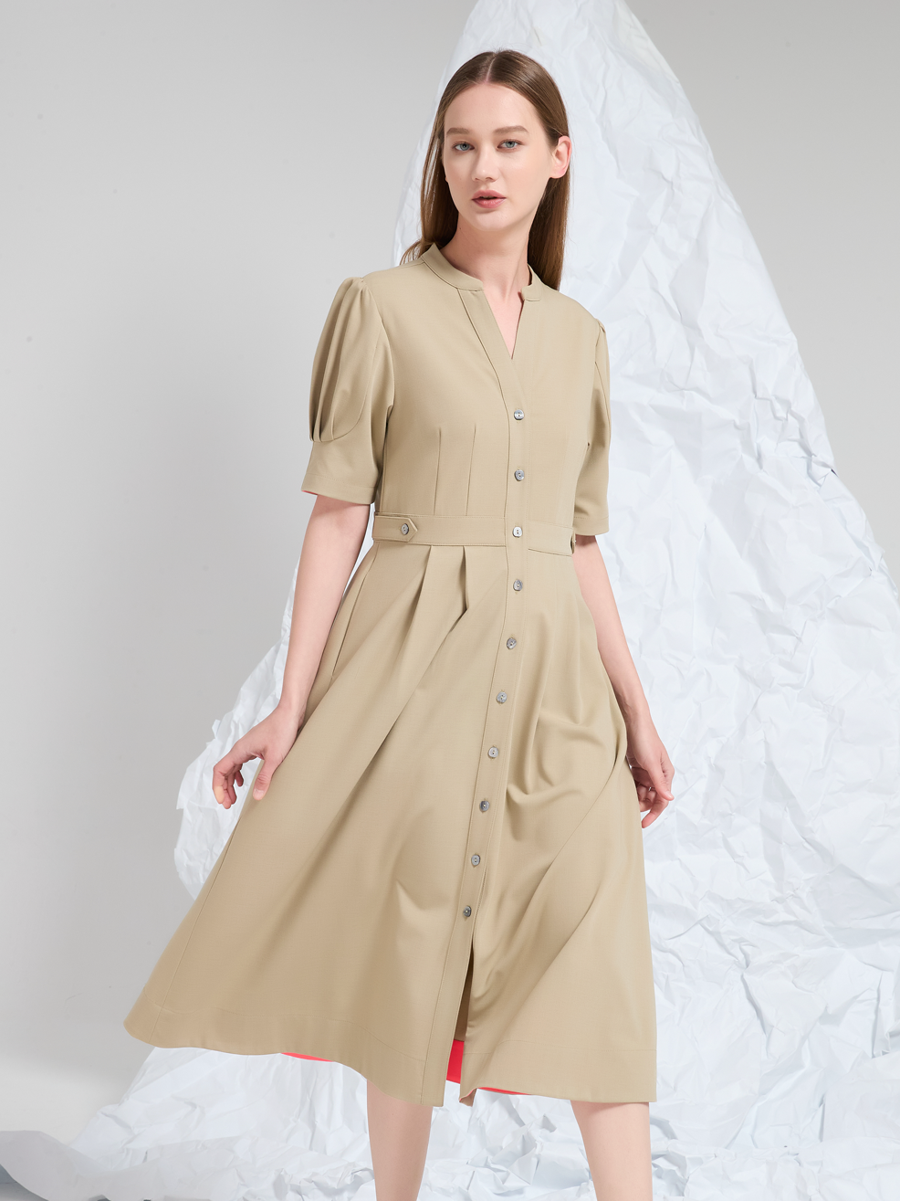COLLARLESS MIDI DRESS
