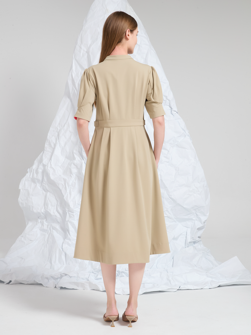 COLLARLESS MIDI DRESS