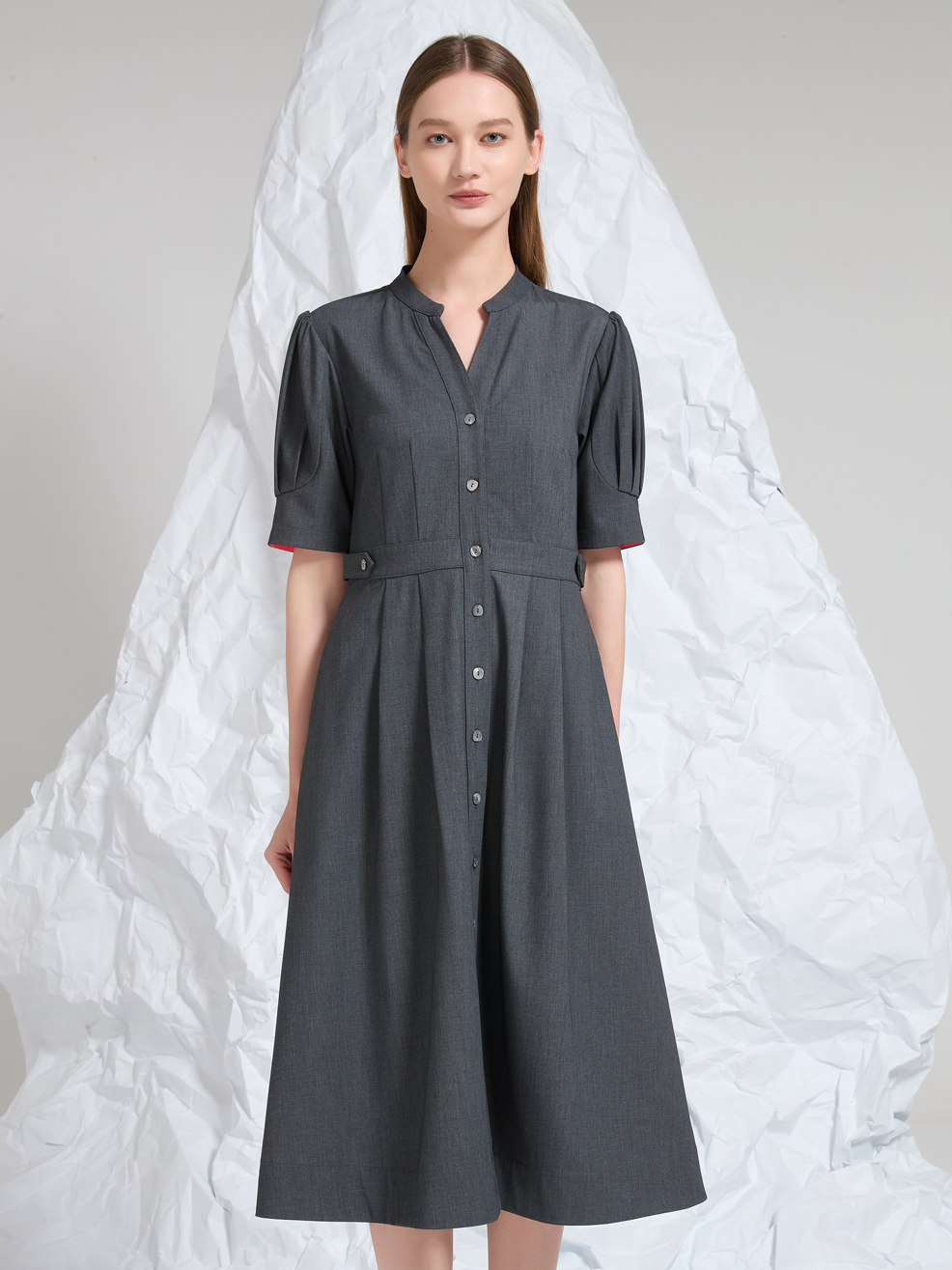 COLLARLESS MIDI DRESS