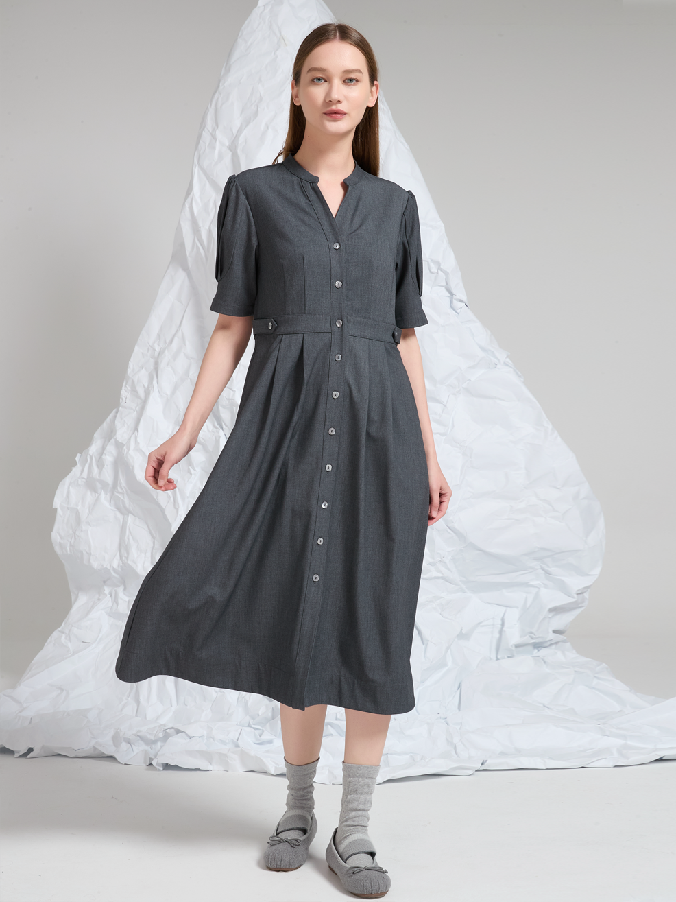 COLLARLESS MIDI DRESS