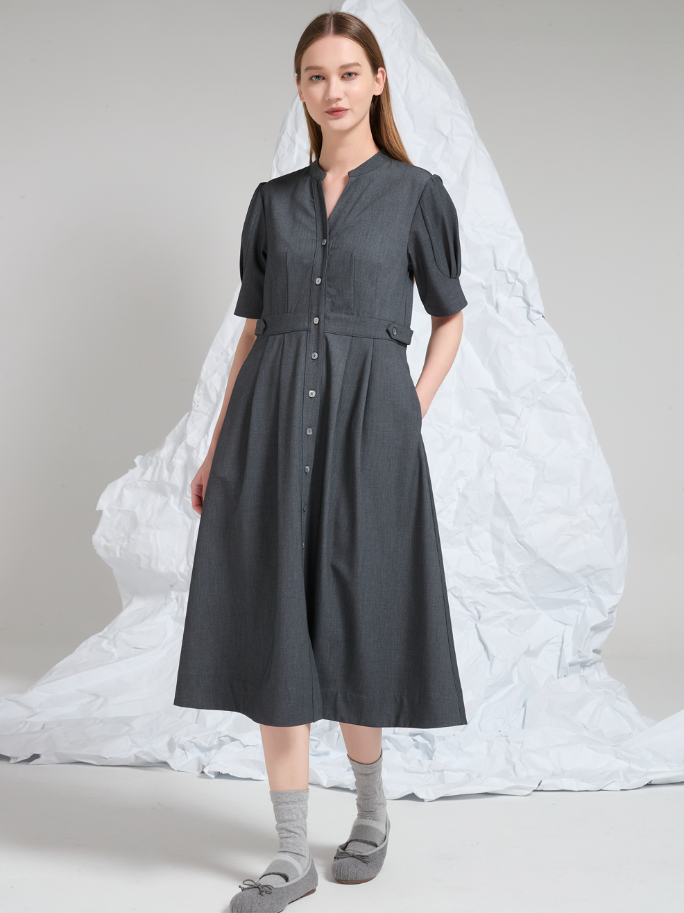 COLLARLESS MIDI DRESS