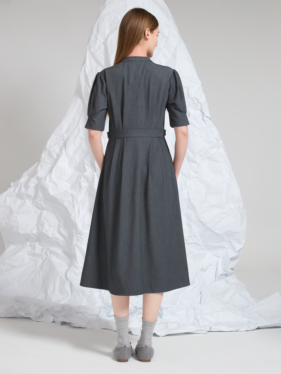 COLLARLESS MIDI DRESS