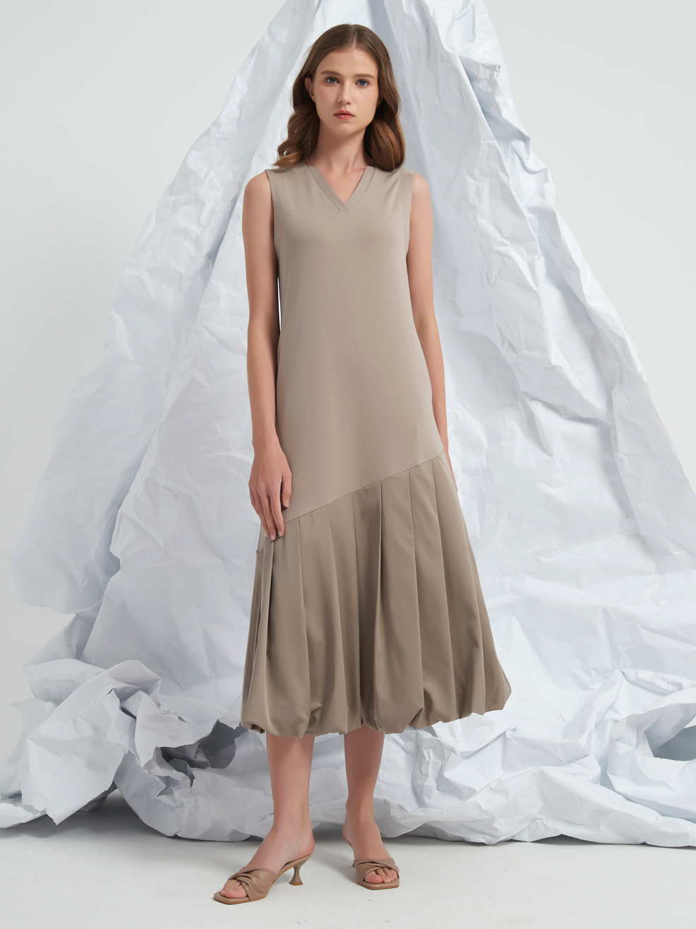 PLEATED BALLOON MAXI DRESS