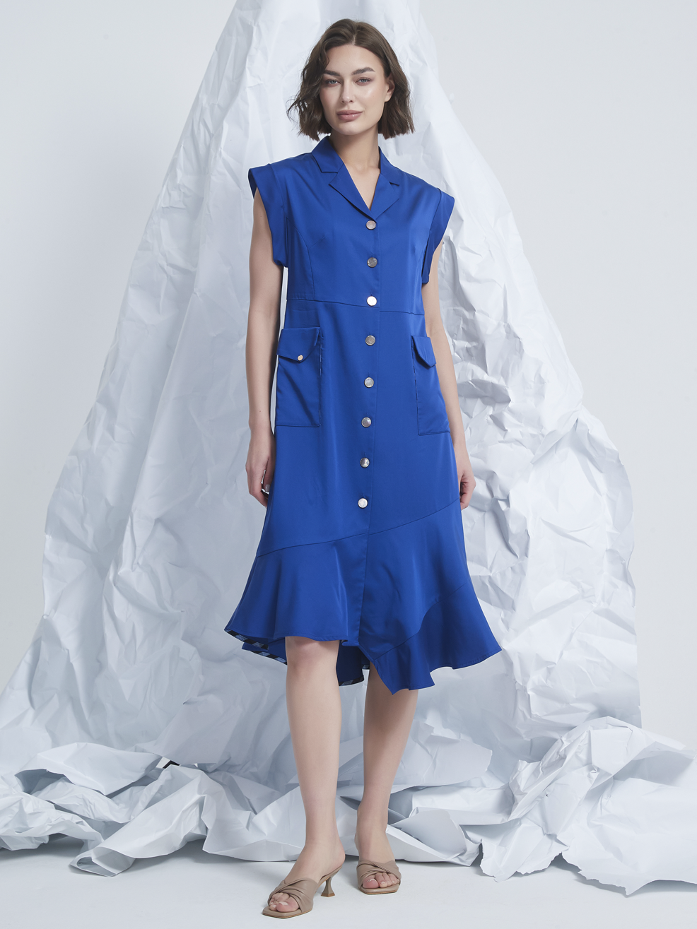 ASYMMETRIC FLARED-HEM MIDI DRESS