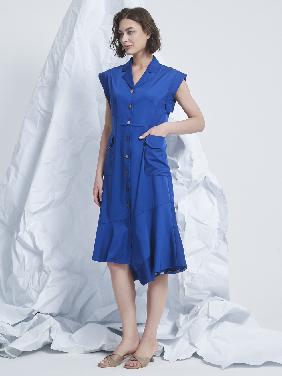 ASYMMETRIC FLARED-HEM MIDI DRESS