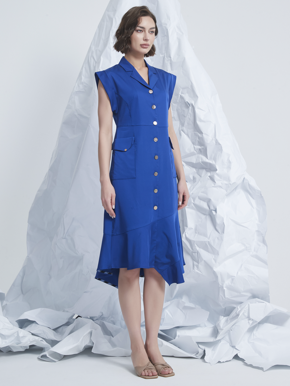ASYMMETRIC FLARED-HEM MIDI DRESS