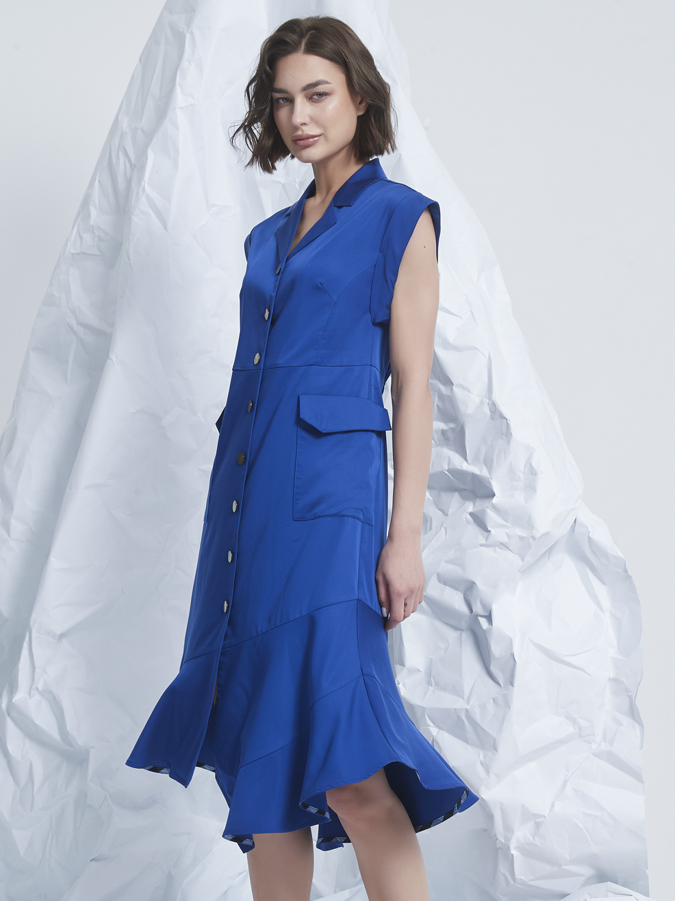 ASYMMETRIC FLARED-HEM MIDI DRESS