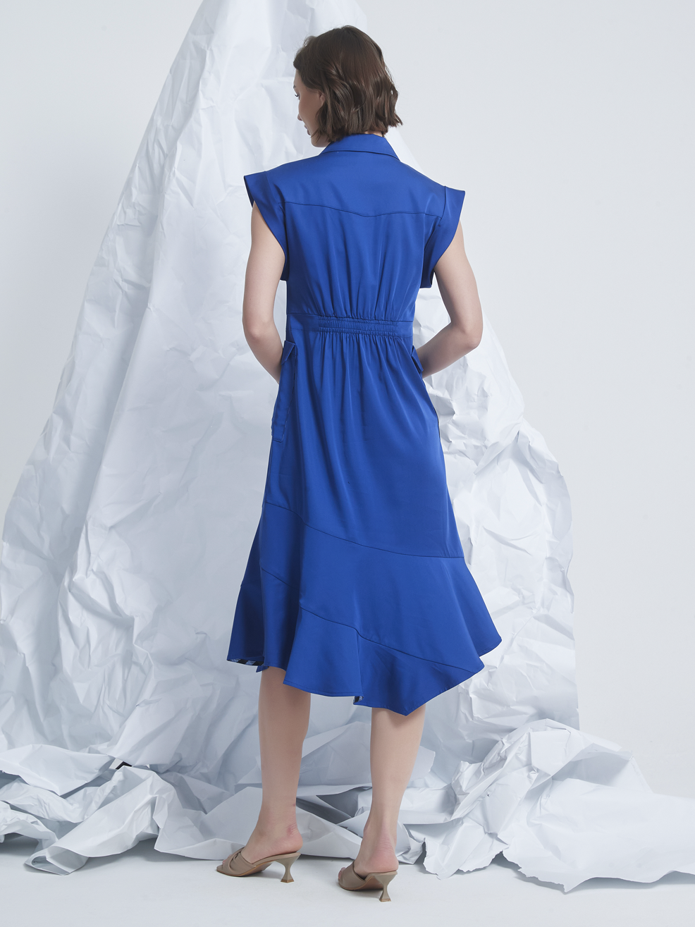 ASYMMETRIC FLARED-HEM MIDI DRESS