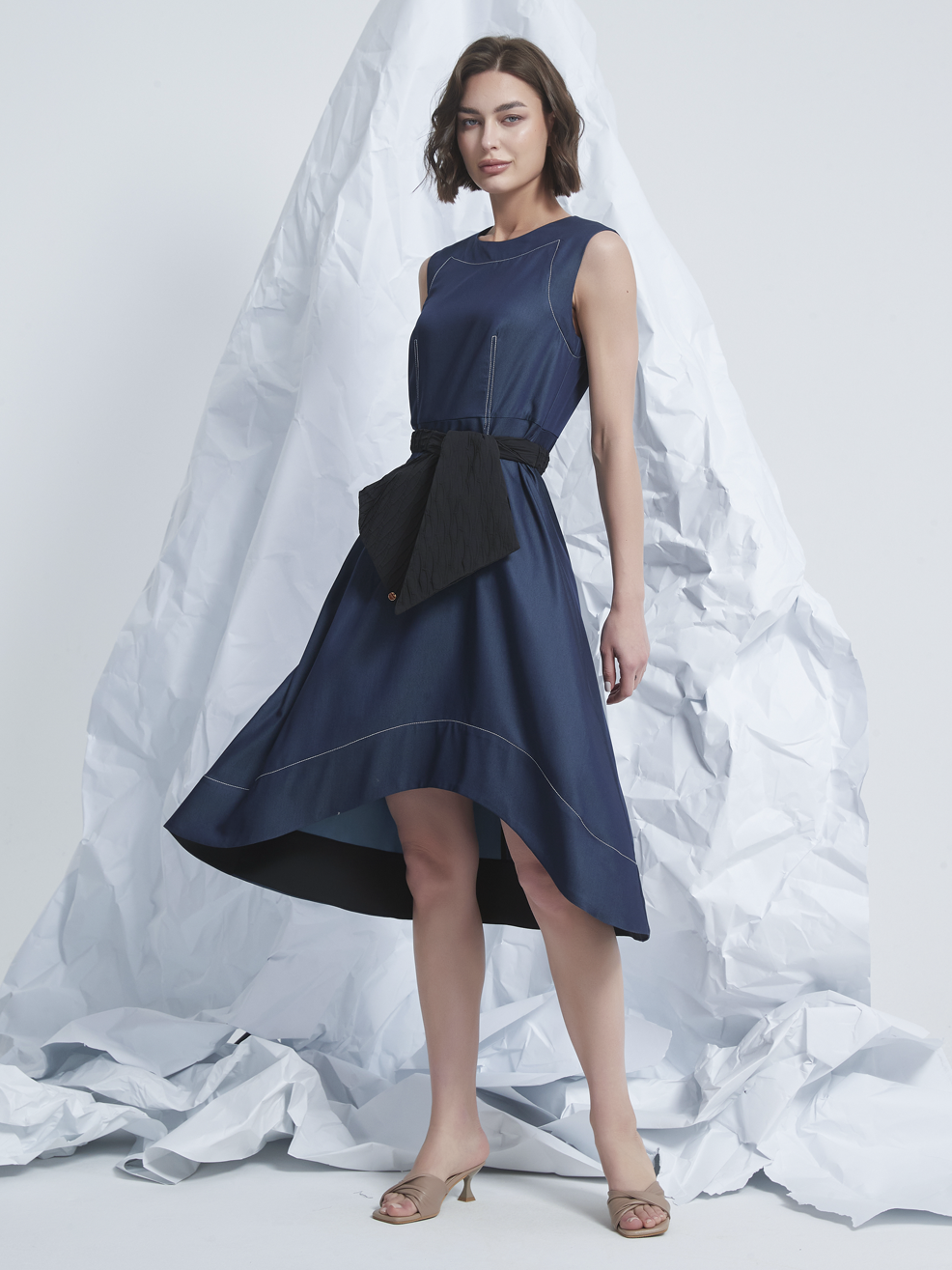 FRILLS ASYMMETRIC MIDI DRESS
