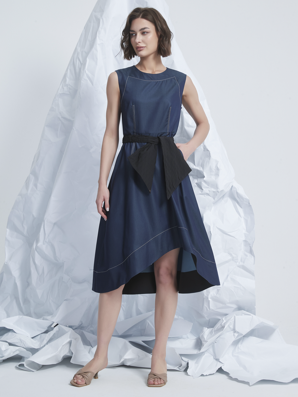 FRILLS ASYMMETRIC MIDI DRESS