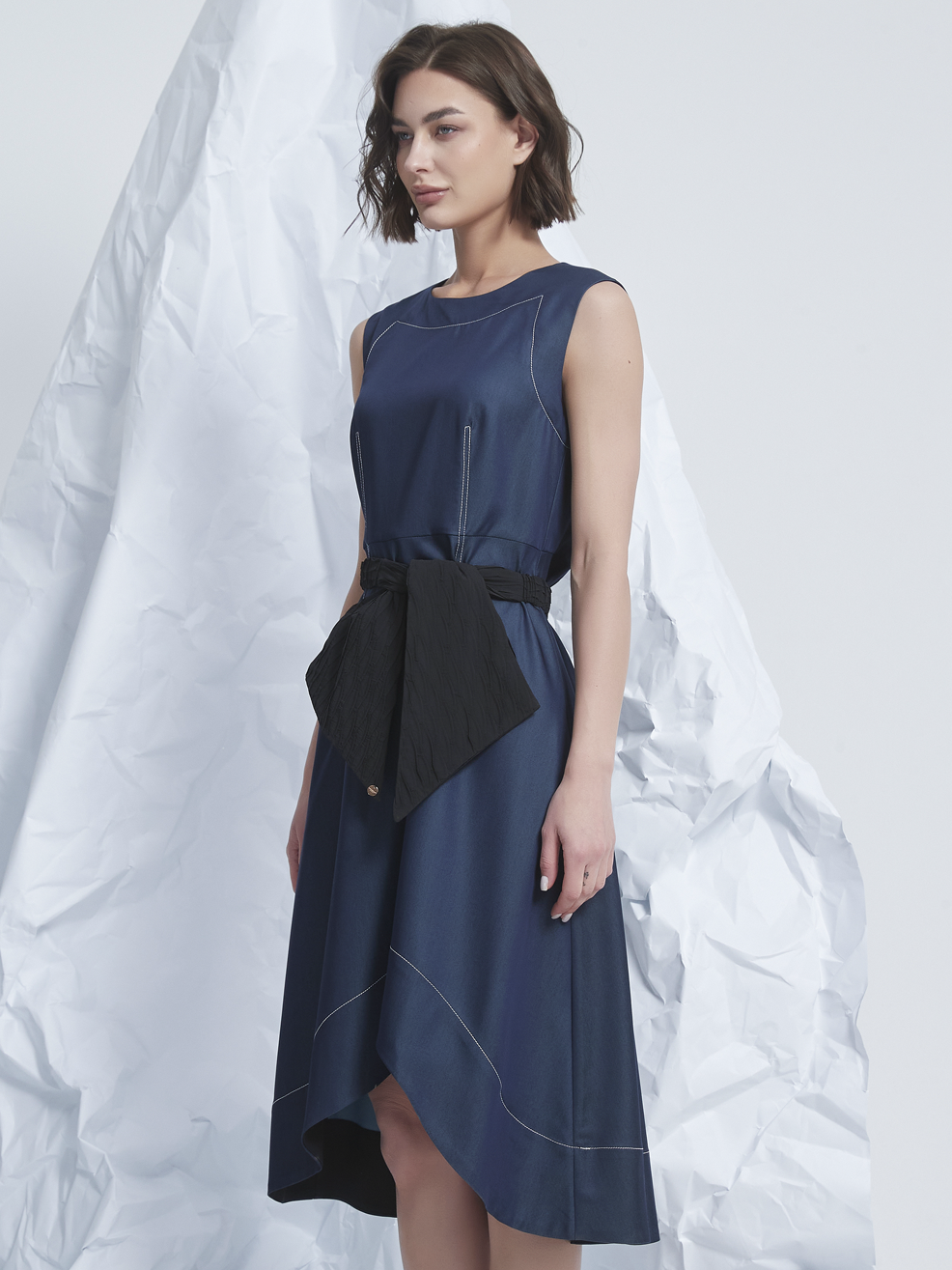 FRILLS ASYMMETRIC MIDI DRESS
