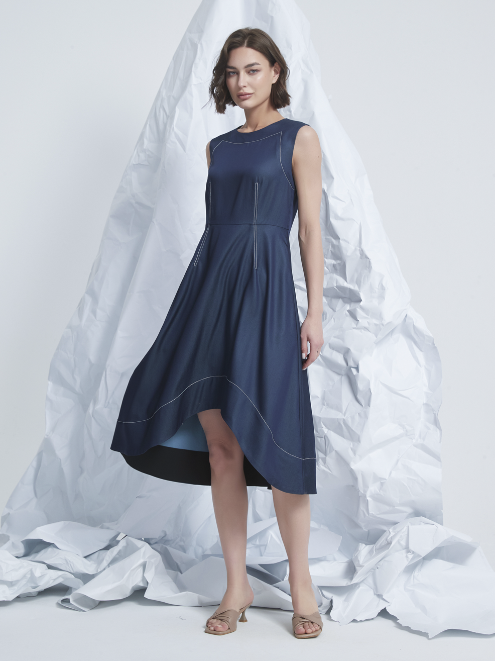 FRILLS ASYMMETRIC MIDI DRESS