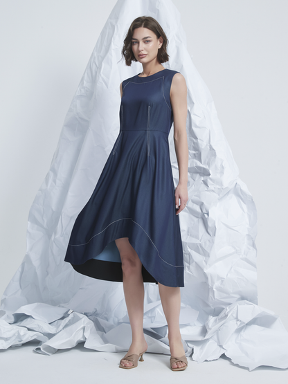 FRILLS ASYMMETRIC MIDI DRESS